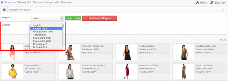 Gelişmiş ürün sıralama kategori vitrin sıralama