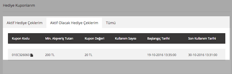 Hediye çeklerim sayfasına yeni alanlar eklendi