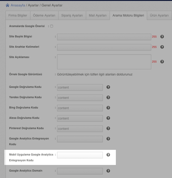Mobil Uygulamaya Özel Google Analytics Kodu Alanı Eklendi