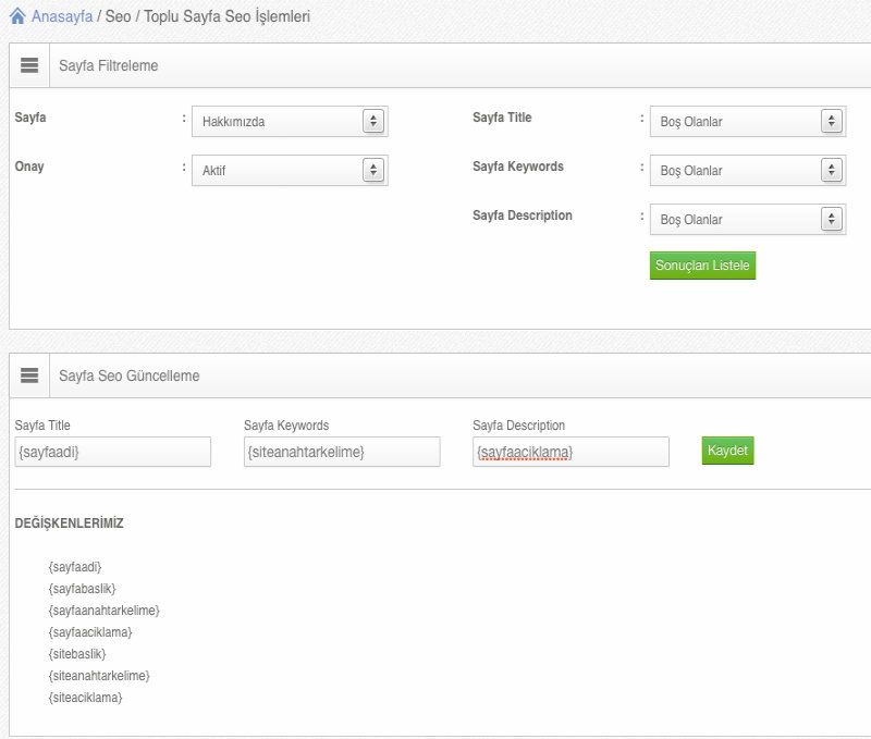 Sayfa Meta Güncelleme Alanı