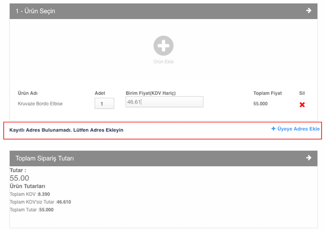 sipariş adres tanımlama