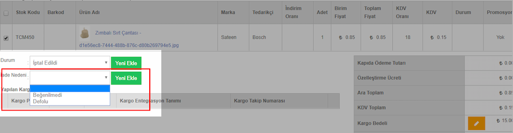 Sipariş Detaya İade Nedeni Alanı