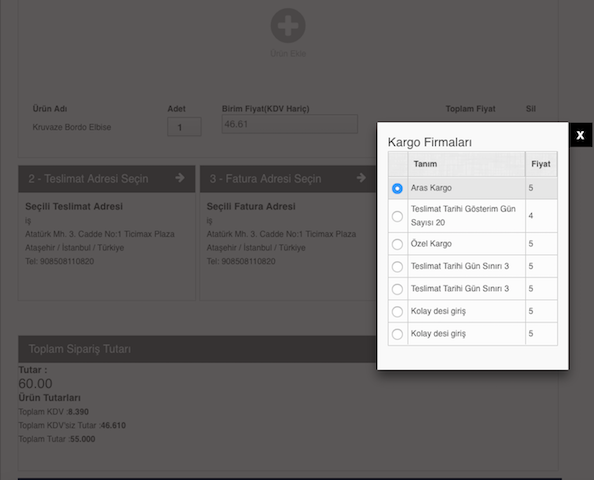 sipariş adres ekleme