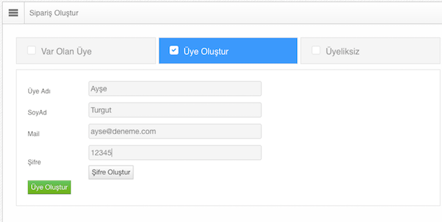 Sipariş Oluştur özelliğinin işleyişi