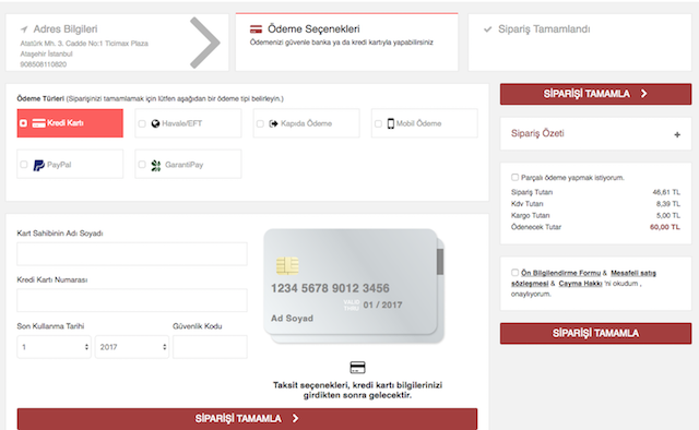 sipariş tamamlama ekranı