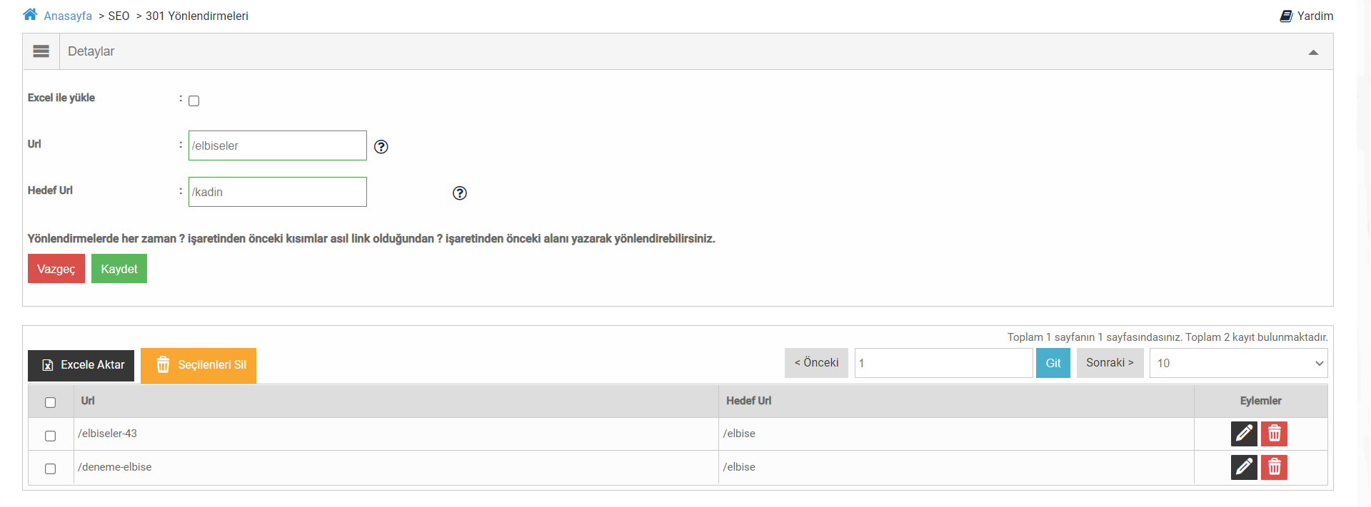 301 Yönlendirme Paneli