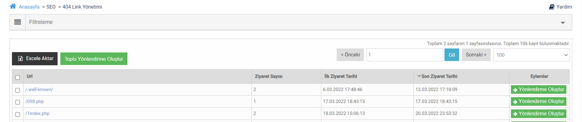 404 link yönetim modülü