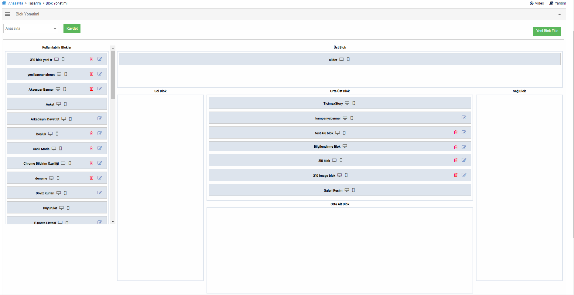 tut sürükle ile Blok içerik Yönetimi