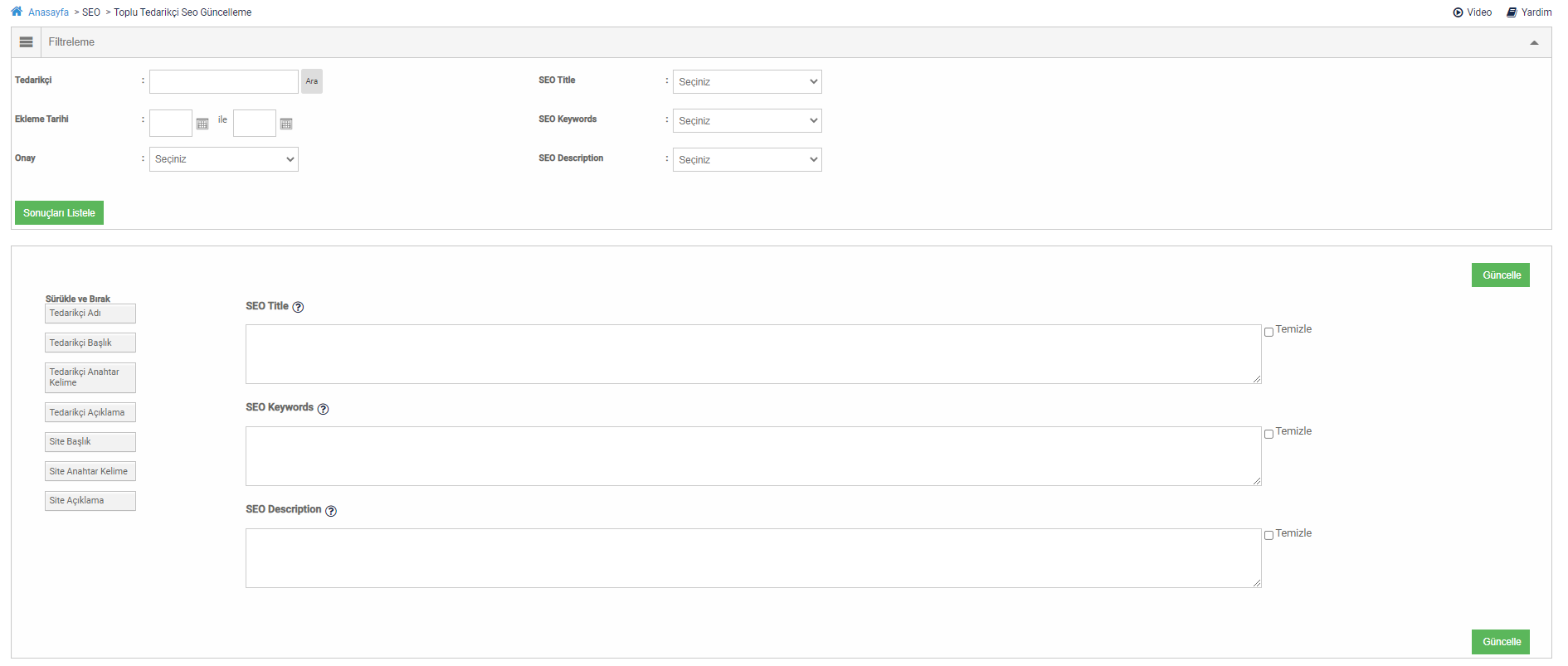 Toplu Tedarikçi SEO Meta Bilgileri Güncelleme