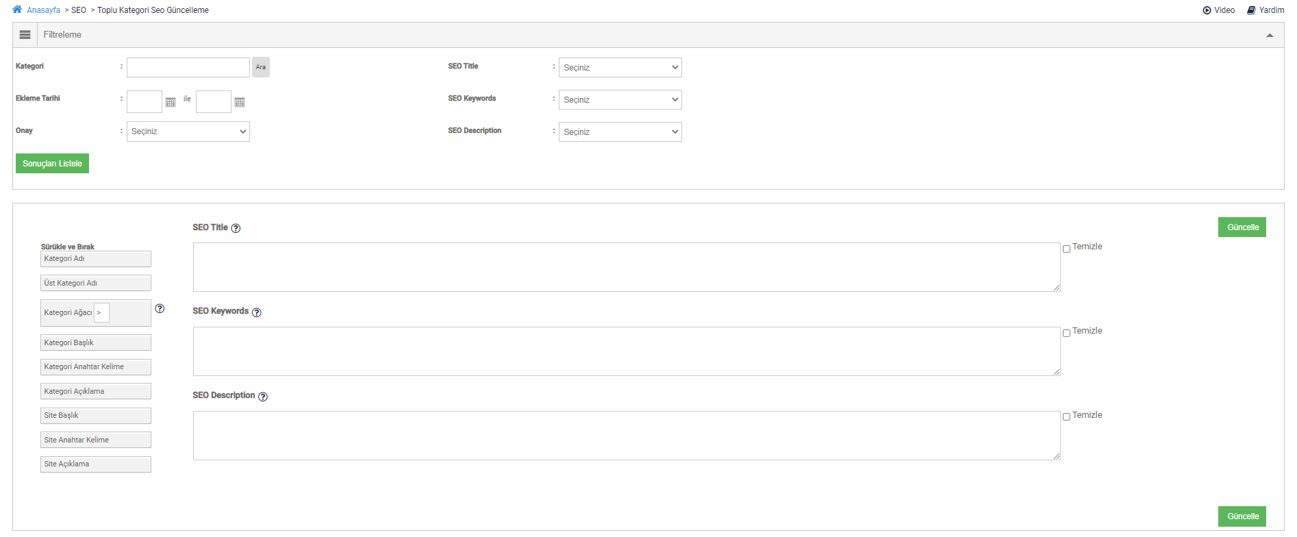 Toplu Kategori SEO Meta Bilgileri Güncelleme