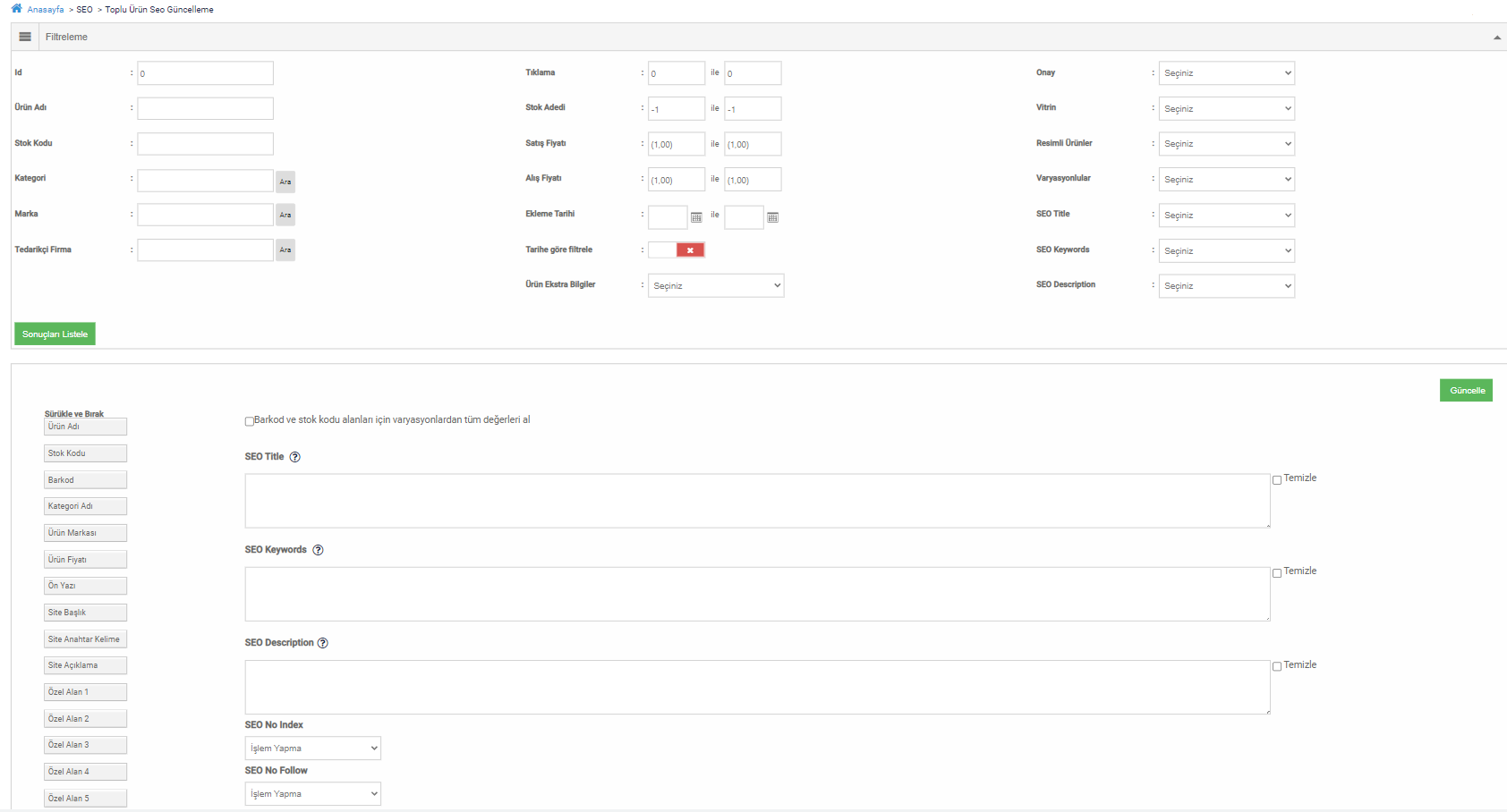 Toplu Ürün SEO Meta Bilgileri Güncelleme