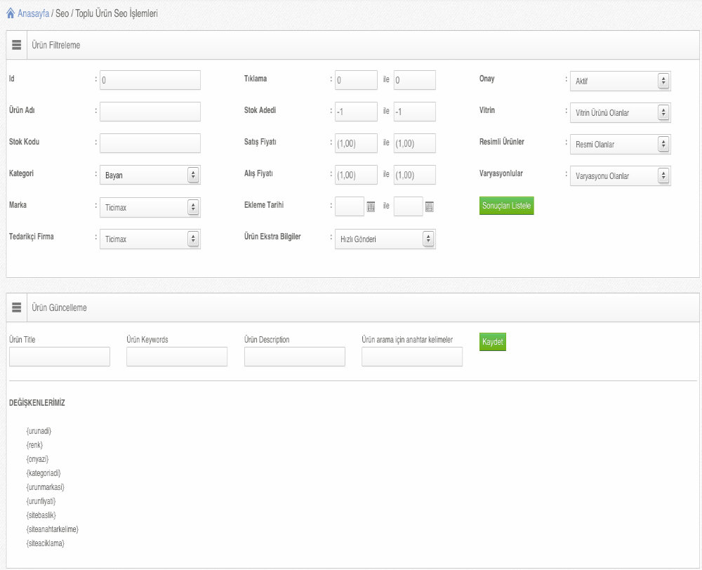 Ürün Meta Güncelleme Alanı