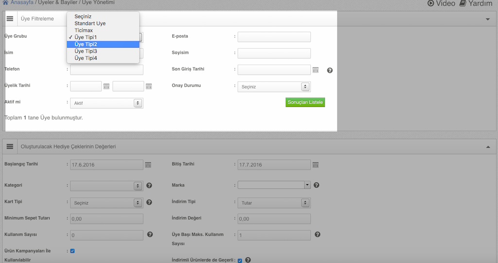 Üye Gruplarına Toplu Hediye Çeki Tanımlama Özelliği