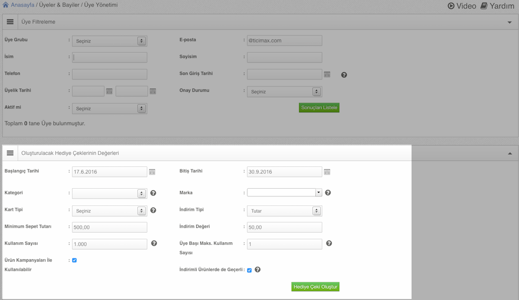 Ardından hediye çeki oluştur