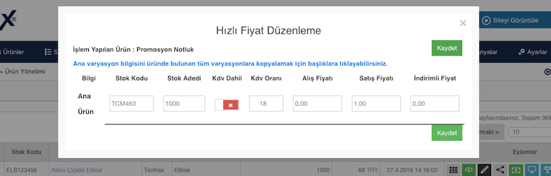 Hızlı fiyat düzenleme