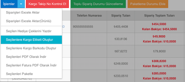 Sipaarişlere Toplu Kargo Etiketi Oluşturma