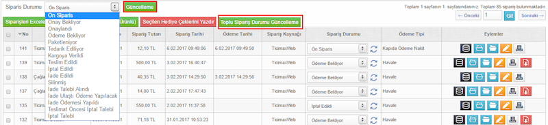 Toplu Sipariş Durumu Güncelleme