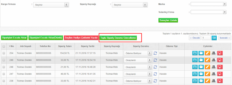 Sipariş Durumunu Toplu Değiştirme